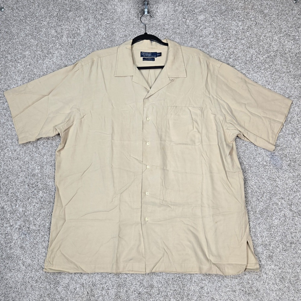 Polo Ralph Lauren Caldwell Shirt Men XL Khaki tan Silk Linen Camp Loop Collar